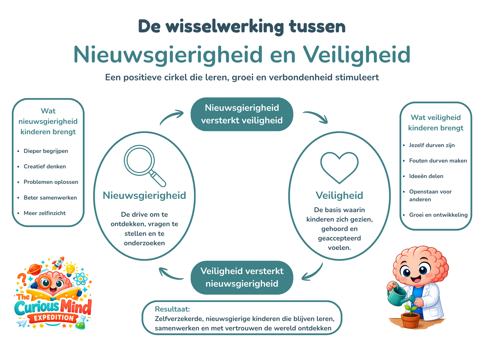 Model dat laat zien hoe nieuwsgierigheid en psychologische veiligheid elkaar versterken. Nieuwsgierigheid stimuleert leren, executieve functies en sociaal-emotionele ontwikkeling, terwijl een veilige omgeving kinderen helpt om vragen te stellen, fouten te maken en te blijven onderzoeken.