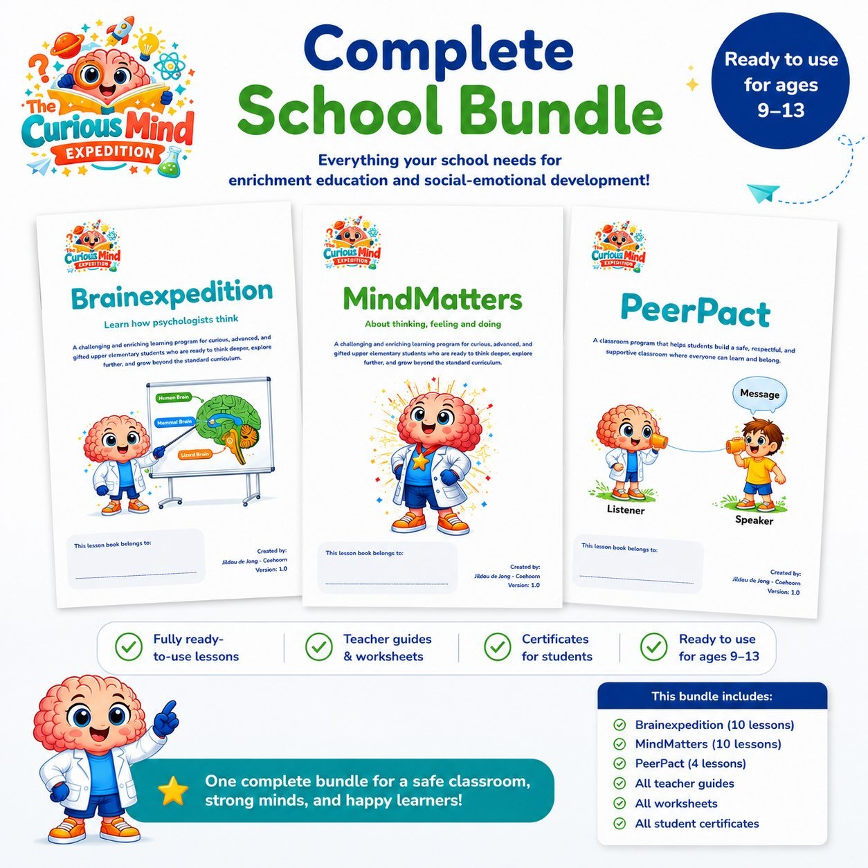 Complete school bundle featuring the learning programs Brainexpedition, MindMatters and PeerPact for students ages 9–13 developed by The Curious Mind Expedition