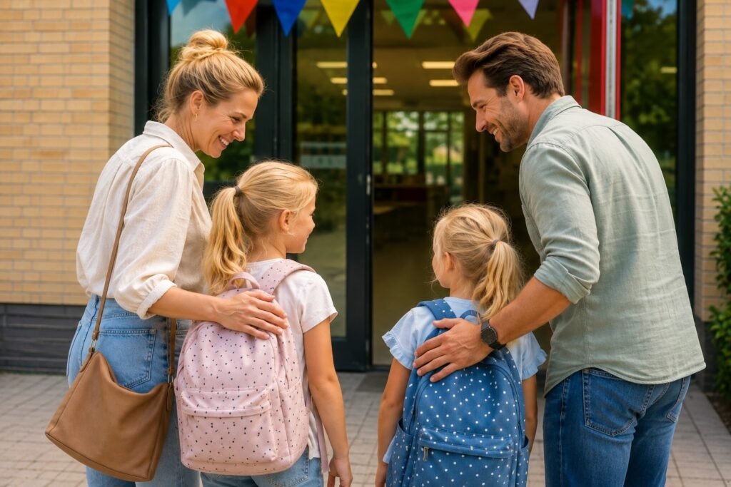 Ouders brengen hun kinderen na de zomervakantie voor het eerst weer naar school tijdens de eerste schoolweken.