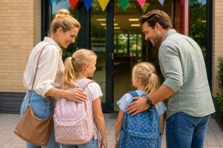 Ouders brengen hun kinderen na de zomervakantie voor het eerst weer naar school tijdens de eerste schoolweken.