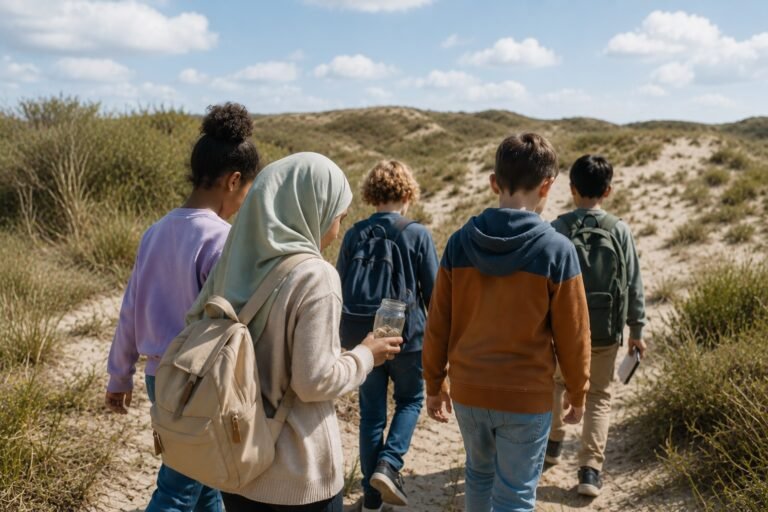 Een diverse groep kinderen van ongeveer tien jaar oud onderzoekt samen de duinen. De kinderen lopen van achteren weg, dragen rugzakken en verzamelen vondsten in een glazen potje.