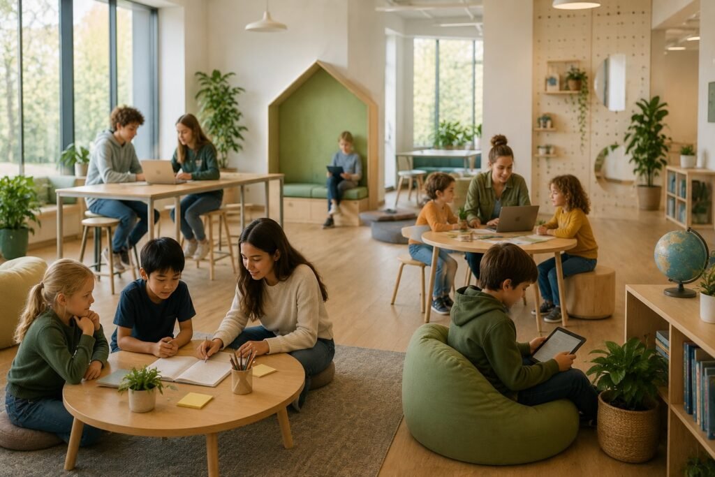 Children of different ages working together on inquiry-based learning activities in a modern classroom that encourages curiosity, critical thinking, creativity, and problem-solving.