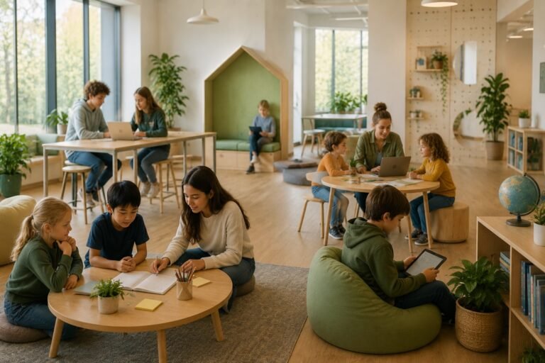 Kinderen van verschillende leeftijden werken samen aan onderzoekende opdrachten in een moderne leeromgeving waar kritisch denken, creativiteit en probleemoplossend vermogen centraal staan.