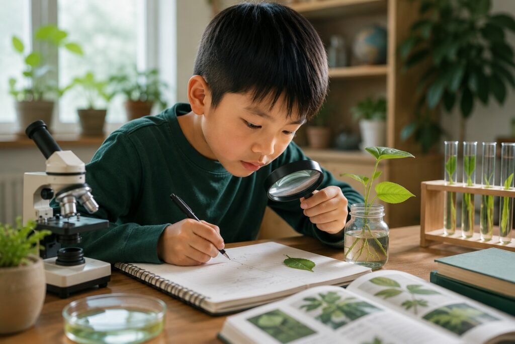 An Asian boy investigates a plant with a magnifying glass during an inquiry-based learning activity.