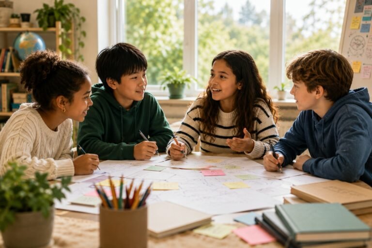 Kinderen werken samen aan een creatieve opdracht aan tafel in een lichte klasomgeving zonder schermen, gericht op communicatie, samenwerking en divergent denken.