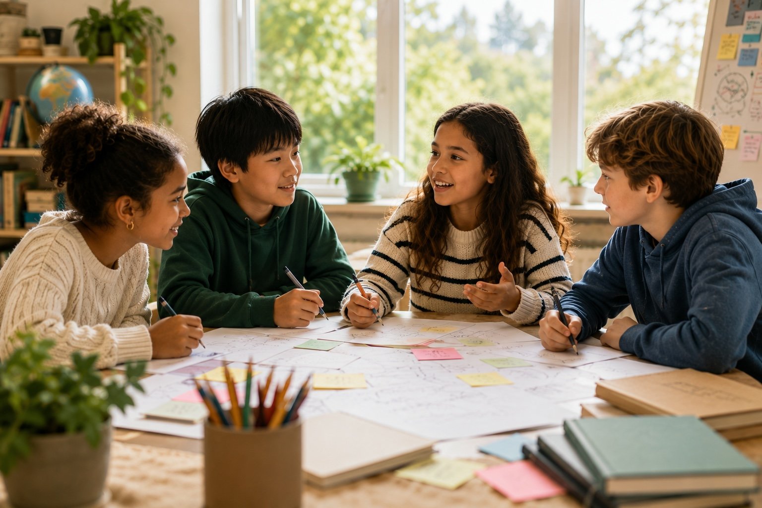Kinderen werken samen aan een creatieve opdracht aan tafel in een lichte klasomgeving zonder schermen, gericht op communicatie, samenwerking en divergent denken.