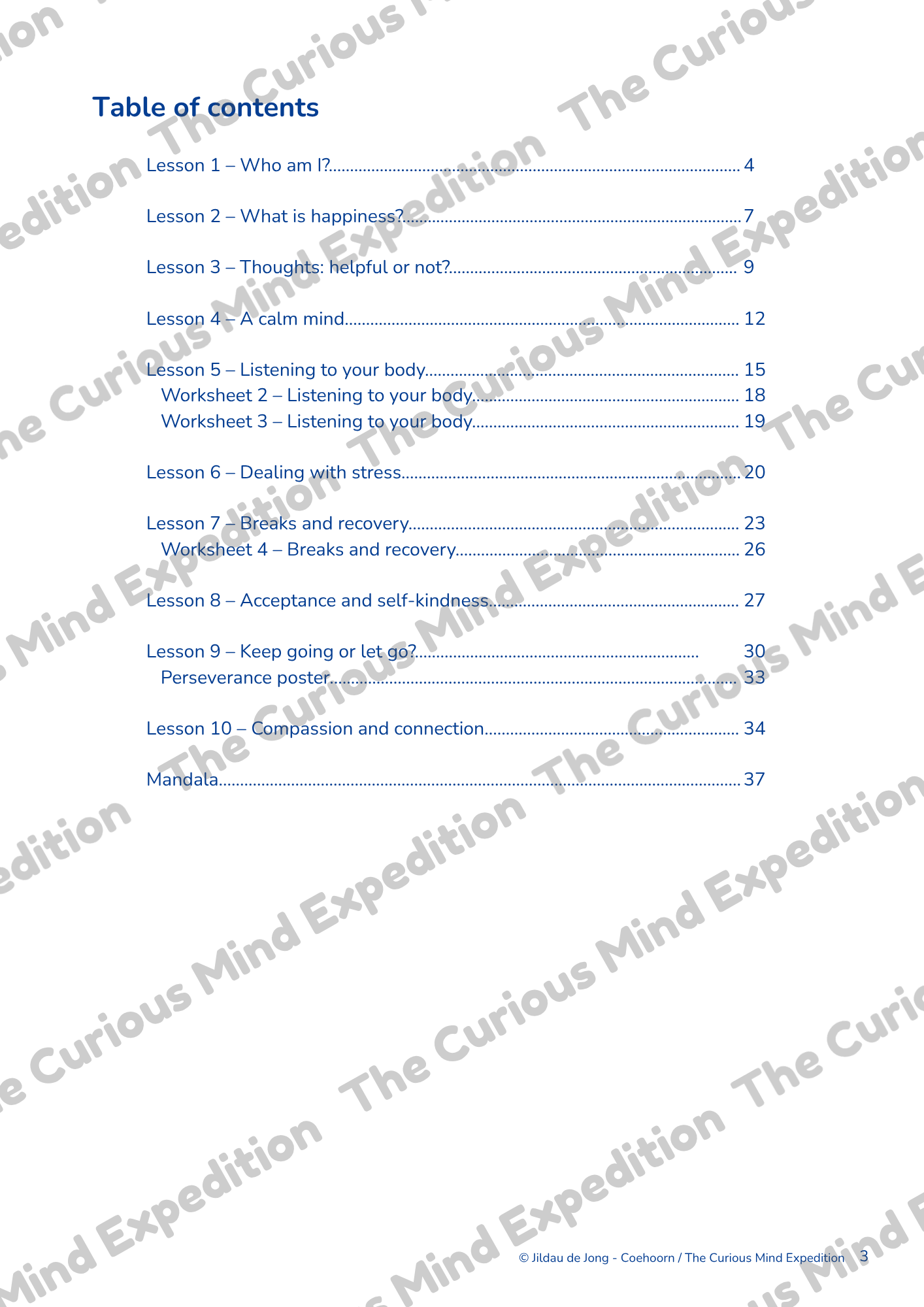 Table of contents for the 10-lesson MindMatters program
