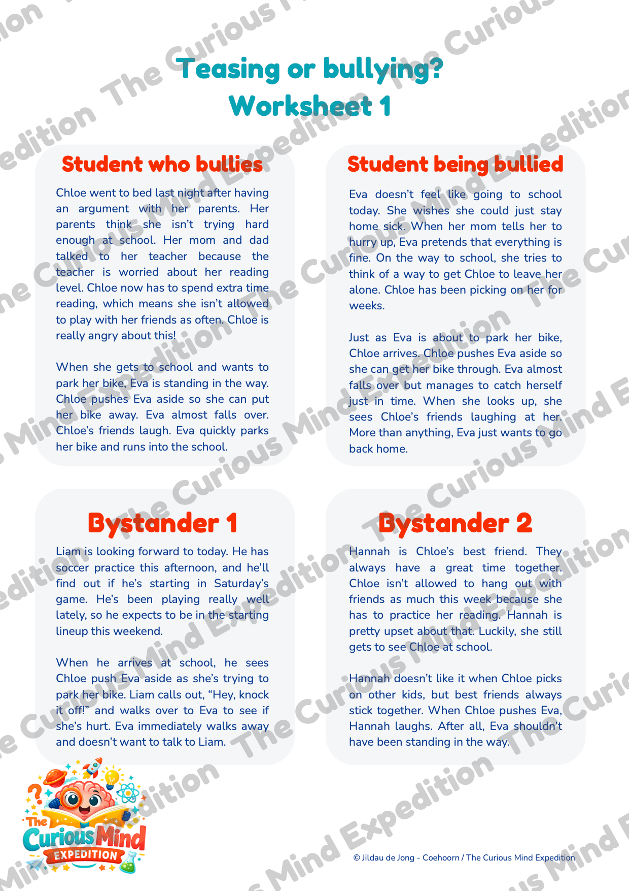 PeerPact teasing or bullying worksheet showing four student perspectives