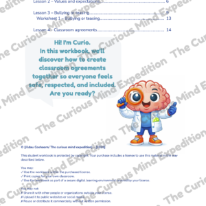 PeerPact student workbook table of contents with four classroom community lessons
