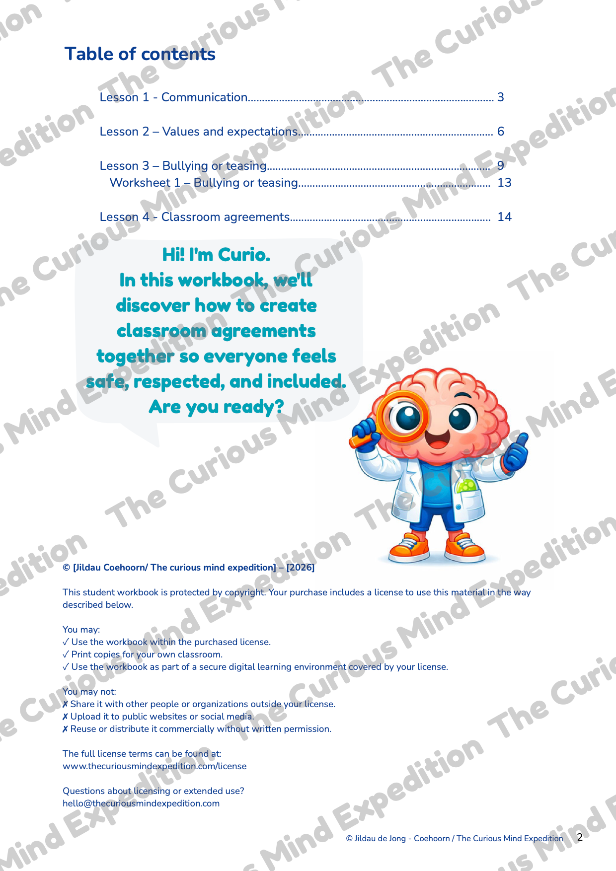 PeerPact student workbook table of contents with four classroom community lessons