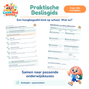 Praktische beslisgids ‘Een hoogbegaafd kind op school. Wat nu?’ met een voorbeeldpagina en gesprekskaart voor school, ouders en kind.