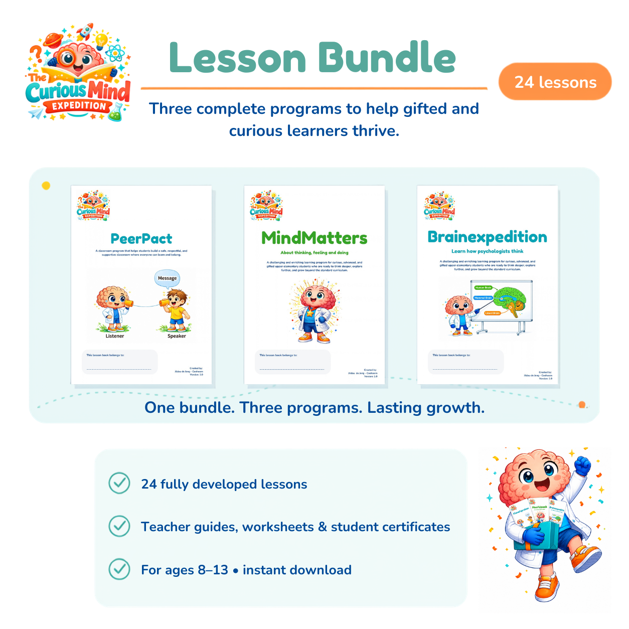Lesson Bundle with PeerPact, MindMatters, and Brainexpedition for students ages 8–13