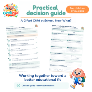 Practical decision guide 'A Gifted Child at School. Now What?' with a sample page and conversation sheet for school, parents, and the child.