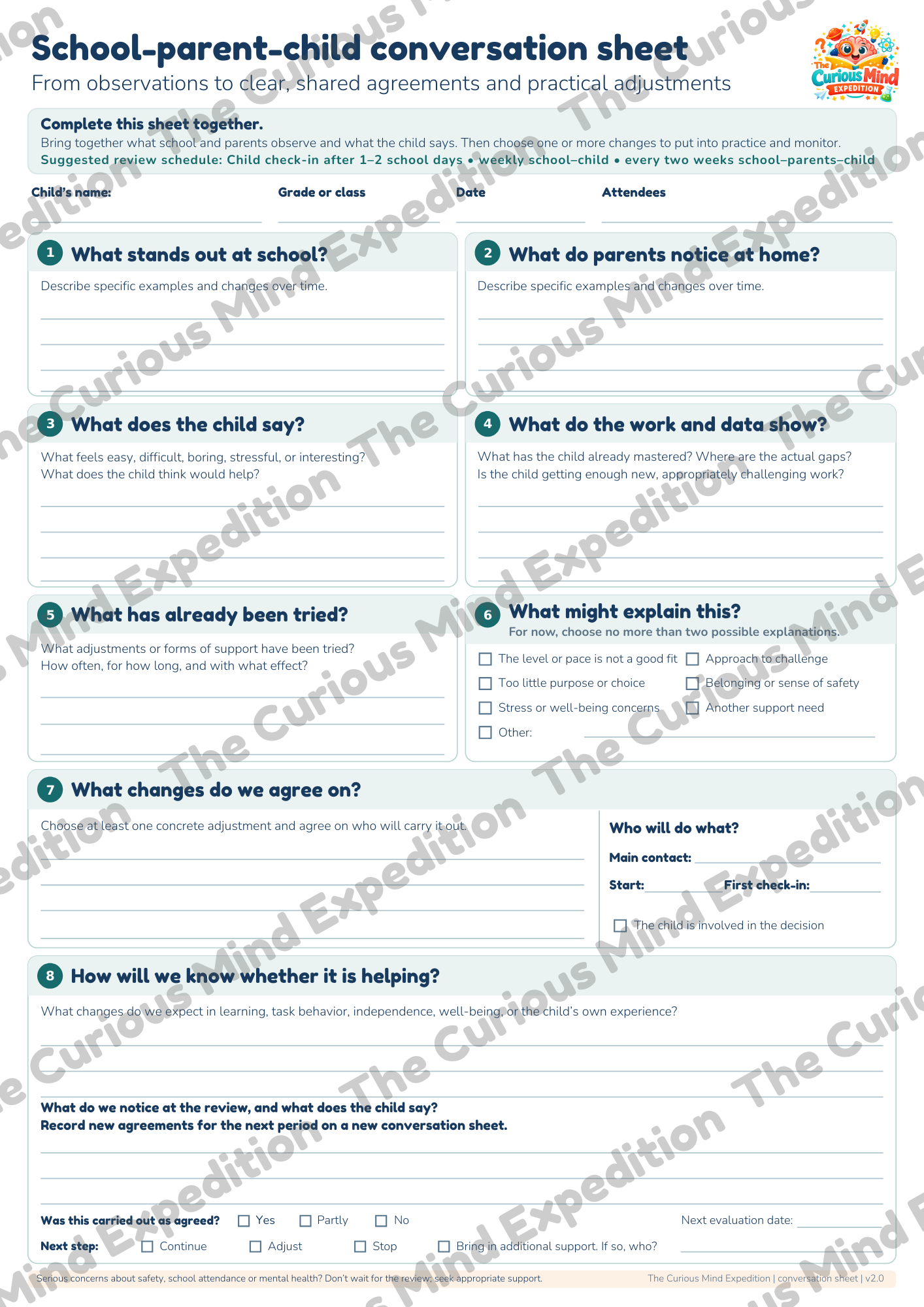 Conversation sheet for school, parents, and the child to record observations, educational adjustments, and review arrangements.