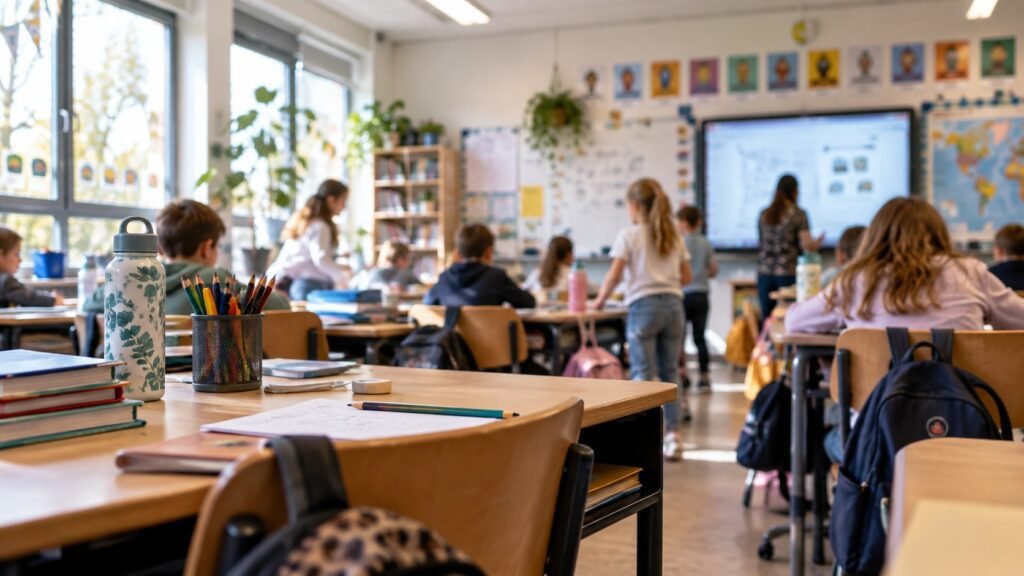Busy classroom with students, learning materials, and a variety of visual stimuli