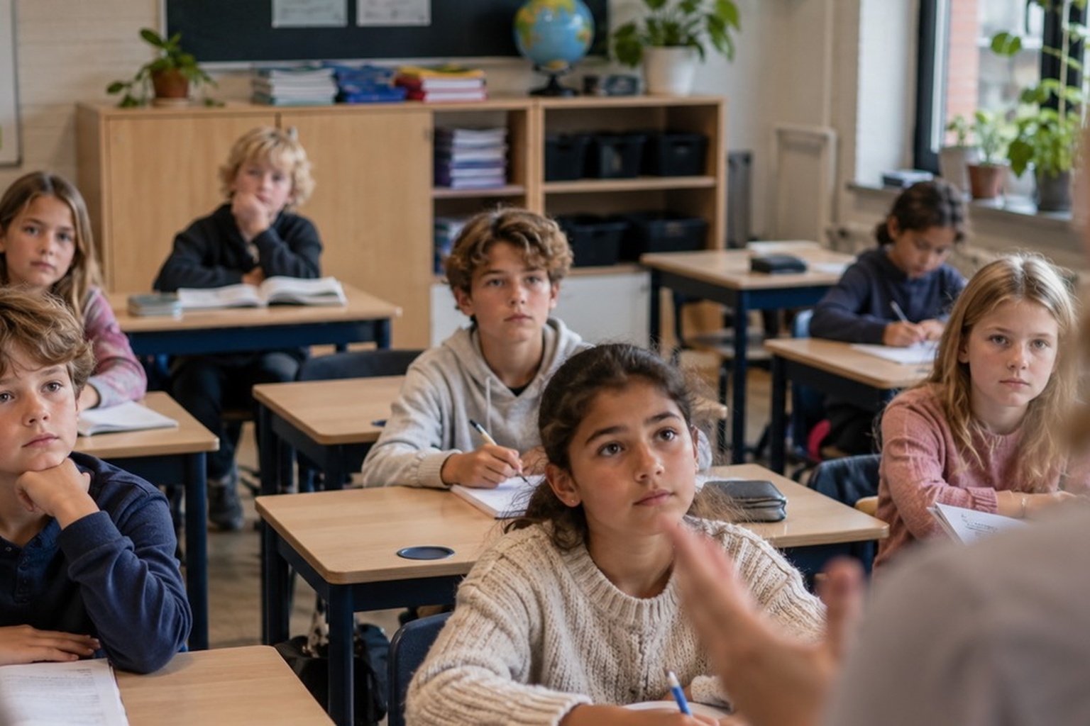 Students listen to a teacher while one student sits quietly in the back of the classroom.